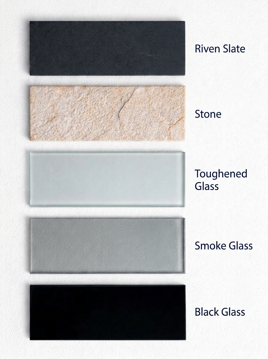Rectangular samples of slate, stone, and glass textures labeled beneath each.