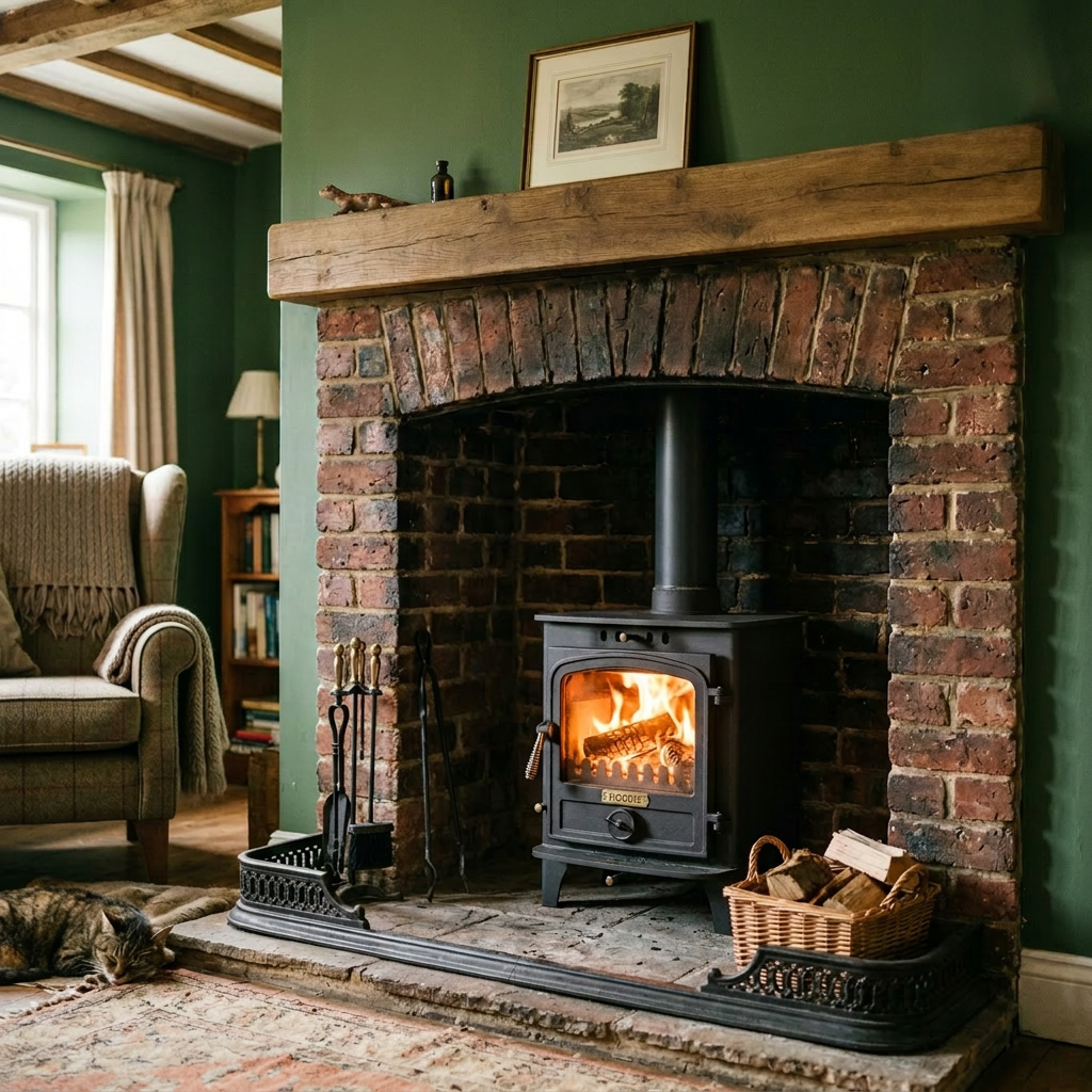 Cozy rustic living room fireplace scene Wood stove with fire burning in a brick fireplace with wood basket and cat lying nearby